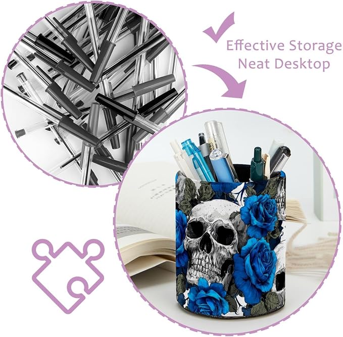Faux Leather Pen Holder for Desk, Pencil Organizer Skull Pen Cup Desk Decor Makeup Brush Holder Storage for Office Home
