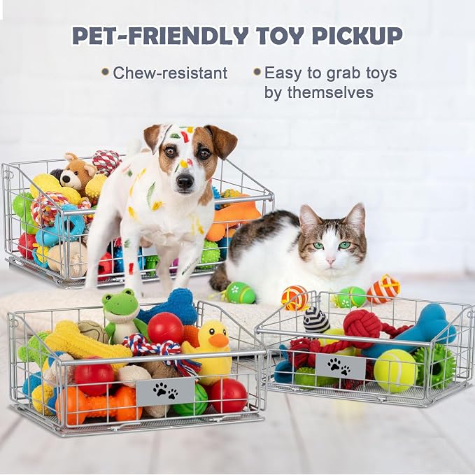 3 Pack Metal Dog Toy Baskets Multi-sized Foldable Dog Toy Bins Box Storage Container Organizer for Living Room Area Decorative Pet Accessories Coat Clothing Storage Holder Baskets(Silver)