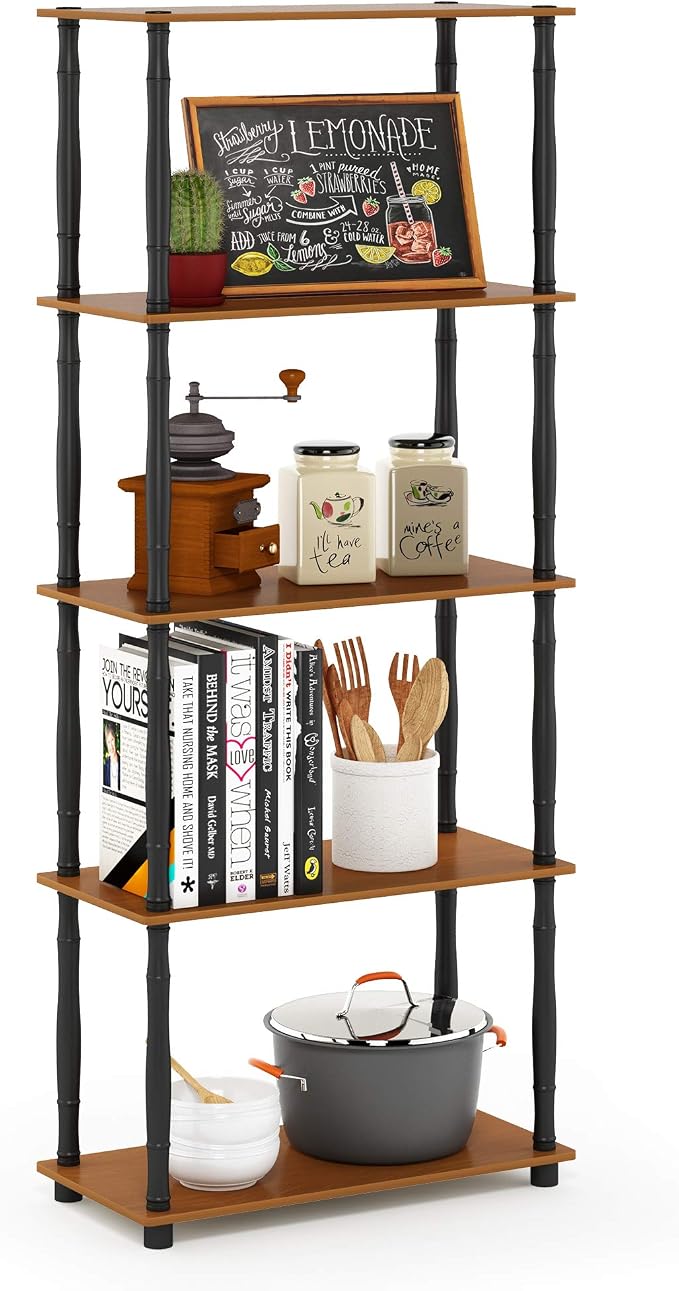 Furinno TURN-S-TUBE Storage Shelves, 5-Tier Book Shelf, Corner Shelf, Toolless Open Shelves, Classic Tubes, for Organization and Storage, Living Room, Garage, Home Office, Light Cherry