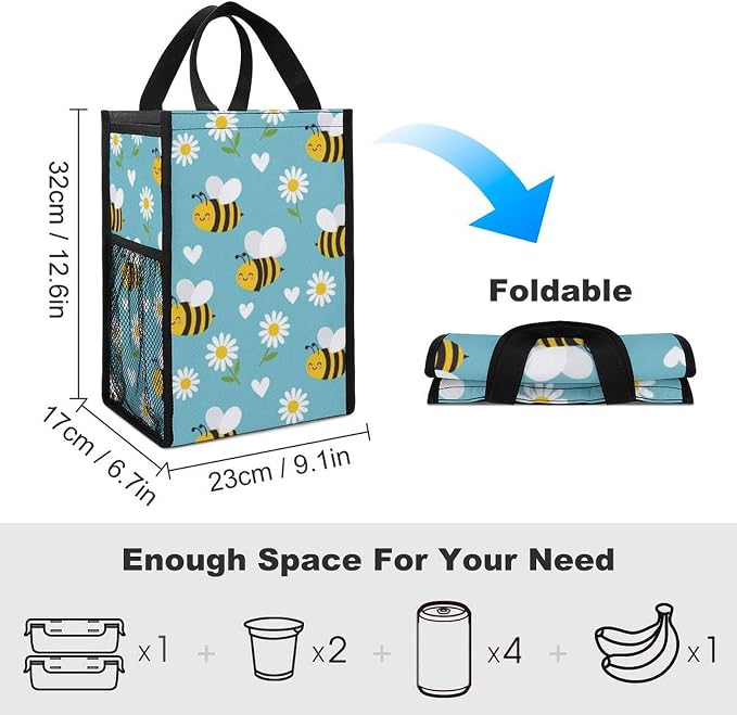 Reusable Thermal Lunch Tote Bag Compatible with Yellow Bee Cute Flower Daisy Sky Blue Lunch Box, Portable Insulated Picnic Cooler Bags Food Container Organizer