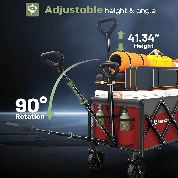 34'' Extra Long Folding Portable Wagon, 120L 360LBS Red & Grey | Wagons Carts Foldable, Heavy Duty, Collapsible Compact Storage, Utility for Shopping/Grocery/Garden/Camping/Sports