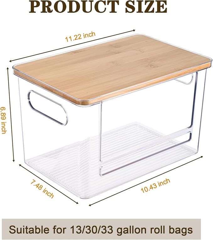 Trash Bag Dispenser Under Sink Organizer for Pantry, Kitchen, 2 Pack | Acrylic Garbage Bag Dispenser, with Bamboo Top & Handles, Extra Large, Keep Onions and Potatoes Neat, Clear, Stackable