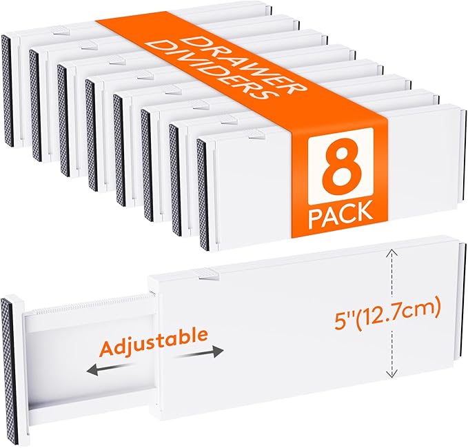 Lifewit 5" Tall Upgrade Drawer Dividers, Adjustable Deep Drawer Organizer | 13.5"-22" Expandable White Drawer Separator for Clothes, Dresser/Kitchen/Closet/Bedroom/Office Organization & Storage, 8 Pack