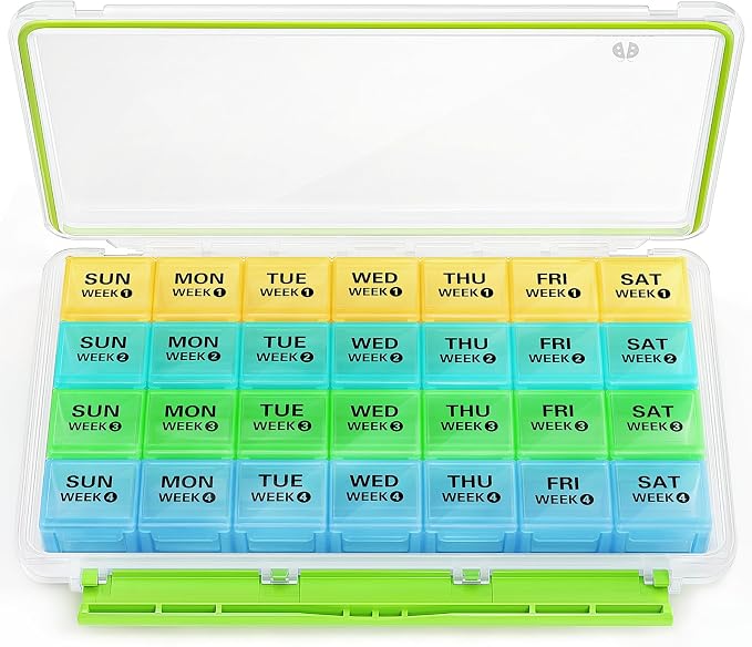 BUG HULL Monthly Pill Organizer, Moisture-Proof Large 28 Days Pill Box with Removable 4 Weeks Pill Case Rows, Medicine Pill Organizer, Travel Pills Organizer with One Month Pill Container for Vitamin