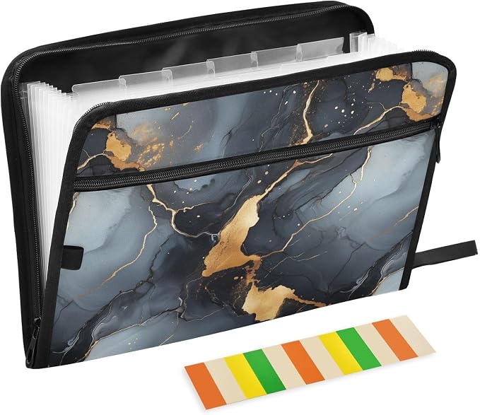 13 Pocket Zipper Expanding File Folder A4 Marble Print Black | Accordion File Organizer with Front Pouch A4 Letter Size Portable Folders for Documents Receipt School Office Supplies