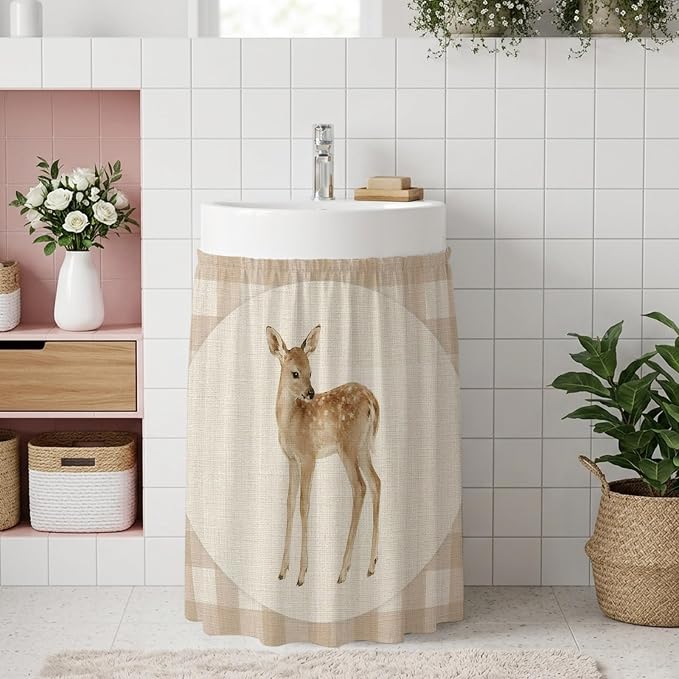 Resting Fawn Oven Skirt Curtain for Kitchen Decor 28"x35", Retro Natural Animals Farmhouse Plaid Self Adhesive Stove Curtains Skirt Cabinet Curtains for Bathroom Laundry Room