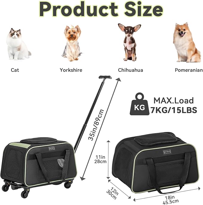Petsfit Cat Carrier with Wheels, Removable Spinner Wheels, Up to 13 lb | Fits pets up to 15 L x 8 H in and 13 lb; removable spinner wheels, anti-sag frame, 4-sided mesh, safety tether and locks.