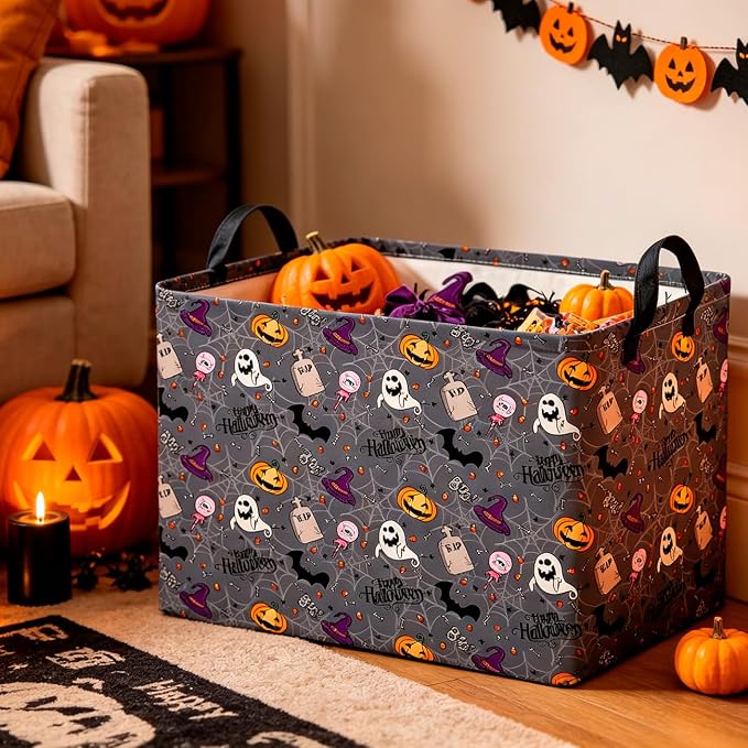 CLOCOR Rectangular Storage Basket,Collapsible Cute Pattern Storage Bin,Waterproof Books Box with Handles,Gift Basket(Grey Tombstone Halloween)