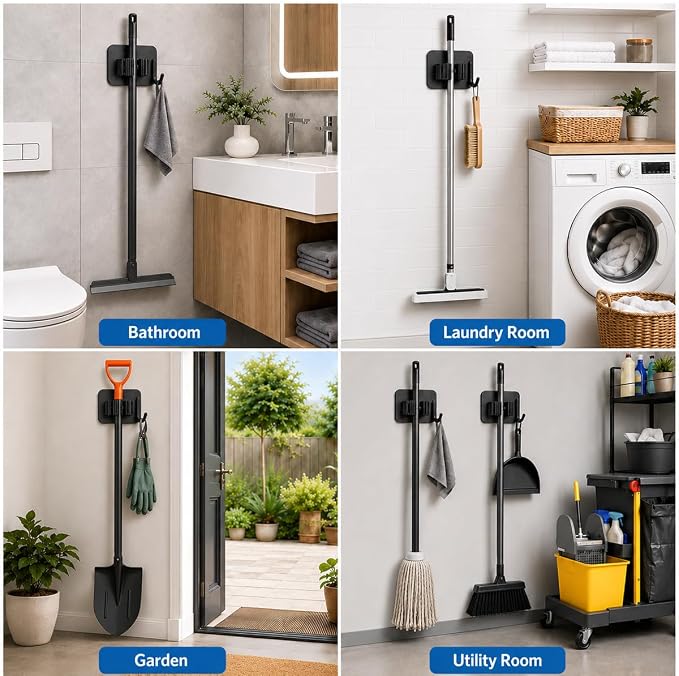 6Pcs Broom Holder Wall Mount With Hooks, Damage-Free Broom And Mop Organizer Wall Hanging, Heavy Duty Self Adhesive Broom Hanger Clips Storage Rack For Garden, Laundry Room Tools, SUS 304, Matte Black