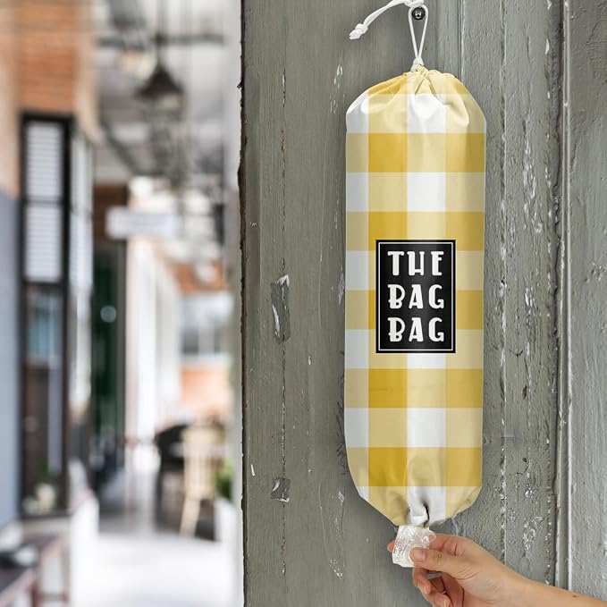 Plastic Bag Holder,Reusable And Washable Grocery Bag organizer,for Home Kitchen Travelling Camping Decor, use 1 Pack, Yellow And White Checkerboard Pattern