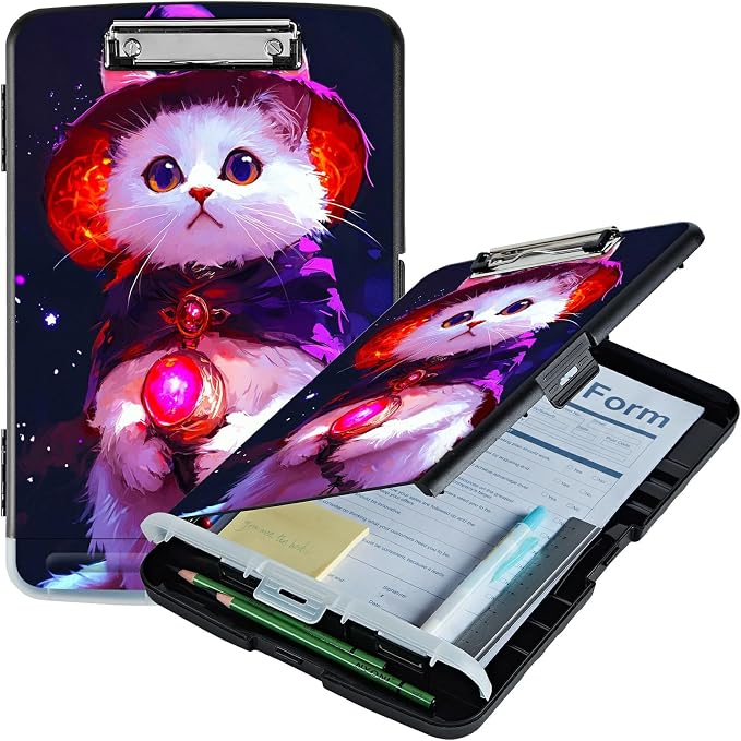 Purple White Cat A4 Clipboard with Storage Pen Holder, Clipboards Organizer Nursing Clipboard Foldable File Folder Plastic Clipboard Folio Clip Board for Office Students Classroom Doctor