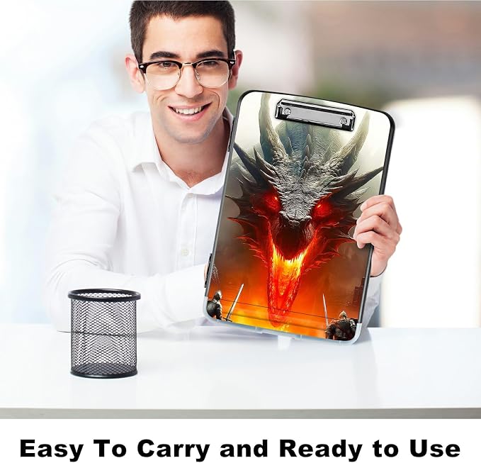 A4 Clipboard with Storage Pen Holder, Clipboards Organizer Nursing Clipboard Foldable File Folder Plastic Clipboard Folio Clip Board for Office Work Classroom Doctor, Grey Flame Dragon