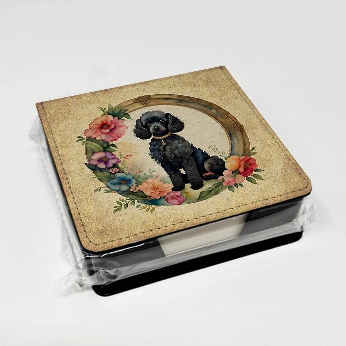 Caroline's Treasures Black Poodle and Flowers PU Leather Note Paper Holder with Artist-Designed Cover, Desk Accessory, Office Gift