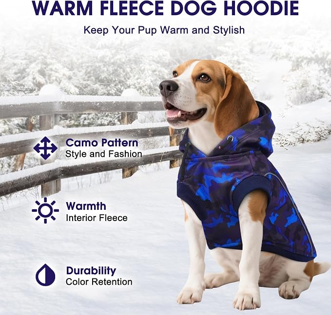 IECOii Dog Hoodie for Large Dogs, Fleece Lined Dog Sweatshirt Pullover with Leash Hole and Reflective Stripes, Windproof Warm Hoodie for Dogs Girl Boy, Fall Winter Outdoor Hoodies, Blue Camo, XXL