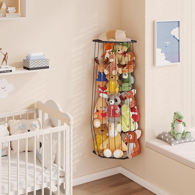 BBLlKE Stuffed Animal Storage Zoo - Corner Plush Toy Organizer Length Adjustable, Wall Hanging Stuffed Animal Net Holder for Nursery Playroom Bedroom Kids Room, Black