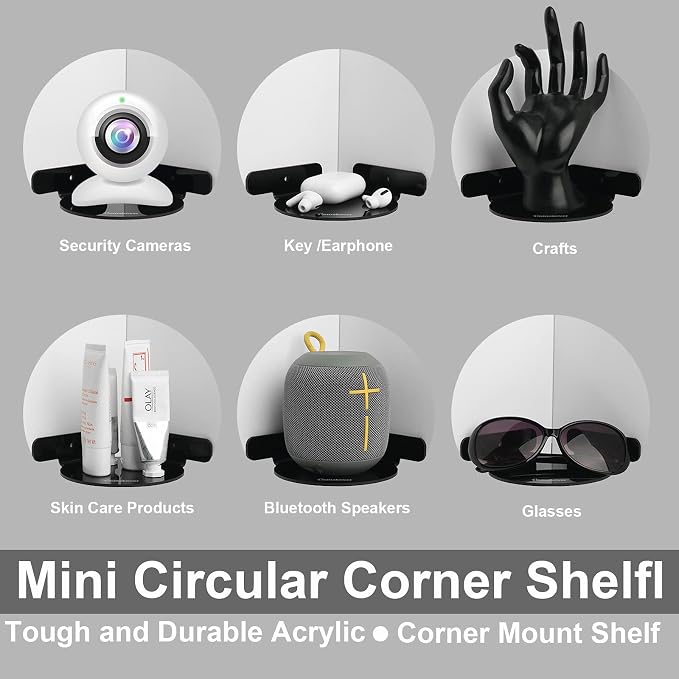 2 Pack Acrylic Mini Circular Corner Shelf Mount for Security Cameras, Baby Monitors, Plants & More, Universal Cam Holder, Easy to Install, Screwless with Damage-free Replacement Strips (Black)