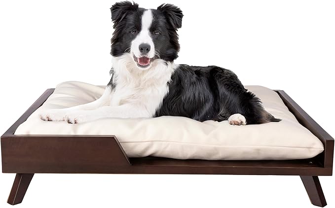 PETMAKER Indoor Elevated Dog Bed, Dark Brown, 36” x 29.5” | Medium Dog Bed with Solid Wood Frame and Soft Cushion, Mid-Century Modern Raised Pet Furniture for Medium to Large Pets