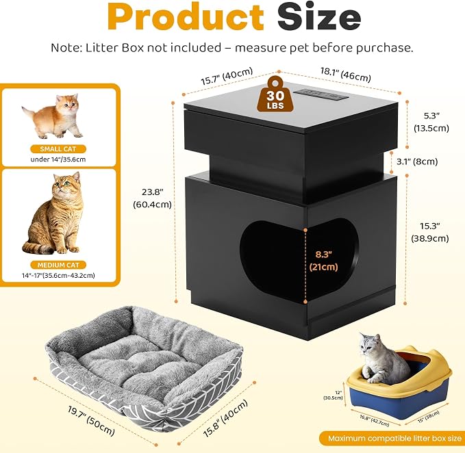 18" Pet Nightstand Charging LED Cat Cave Storage Drawer Side Table Black | Built-in charging: 2 AC outlets, 2 USB-A & Type-C ports, LED soothes pets at night, cushioned cave, drawer stores supplies