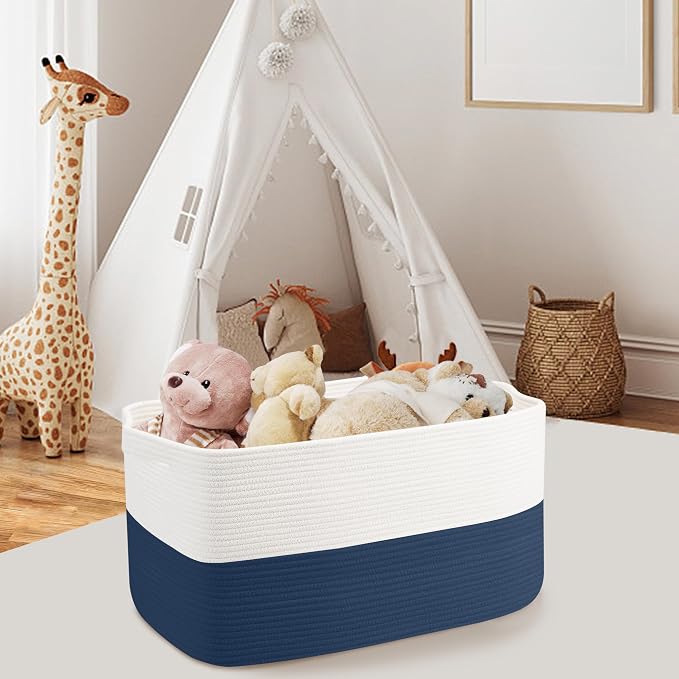 MEGASKET Extra Large Rope Basket, 22" x 17" x 12" Woven Stuffed Animals Storage Bin, Kids Dog Stuff Toy Box Organizer, Living Room Nursery Organization, Big Basket Container for Blankets Clothes