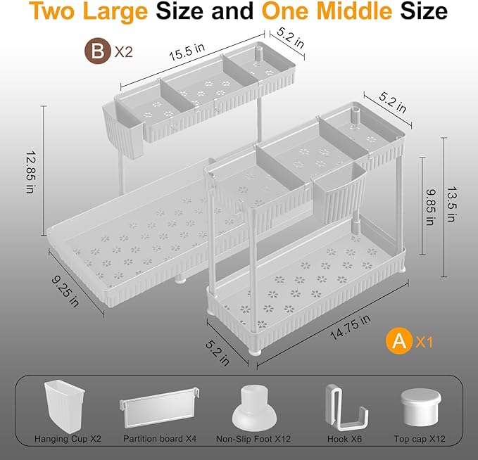 3-Pack 2-Tier L-Shaped Under Sink Organizers with Sliding Drawers | Multi-use kitchen & bathroom storage, 12.85 inch white cabinet organizer, space-saving sliding drawer design.