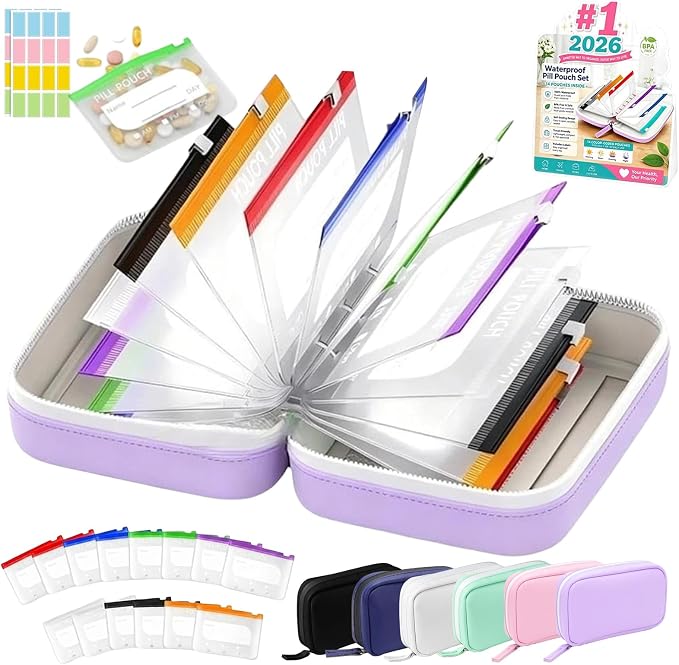 A8 Weekly Waterproof Pill Pouch Set, Reusable Weekly Pill Organizer with 14 Coded AM PM Pouches, Compact Portable Vitamin Supplement Storage Case for Travel Purse Daily Use