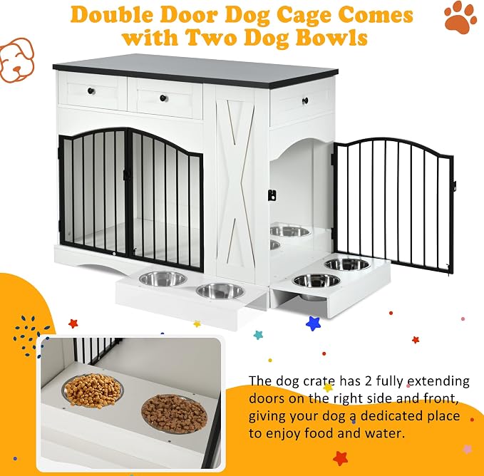 43.3" Farmhouse Dog Crate Furniture with 3 Drawers, White & Black | Indoor Wooden Heavy Duty Dog Kennel Furniture with Removable Feeder, Dog Cage End Table for Medium Large Dogs