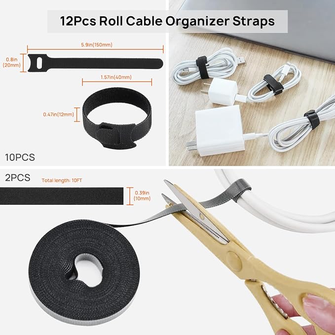 Cable Management Kit - 4 Cable Sleeve, 57 Self Adhesive Cable Clips, 12 Hanging Strips, 12 Cable Organizer Straps and 100 Fastening Cable Ties for TV Computer Under Desk (Black and White)