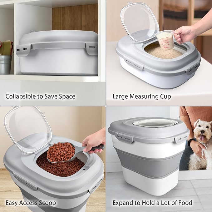 Komzon Rice Storage Bin Cereal Containers, 13-50lb Collapsible Rice Container Dispenser with Transparent Lid, Rolling Wheels, Measuring Cup and Scoop, Airtight Dog Cat Pet Food Storage Container White