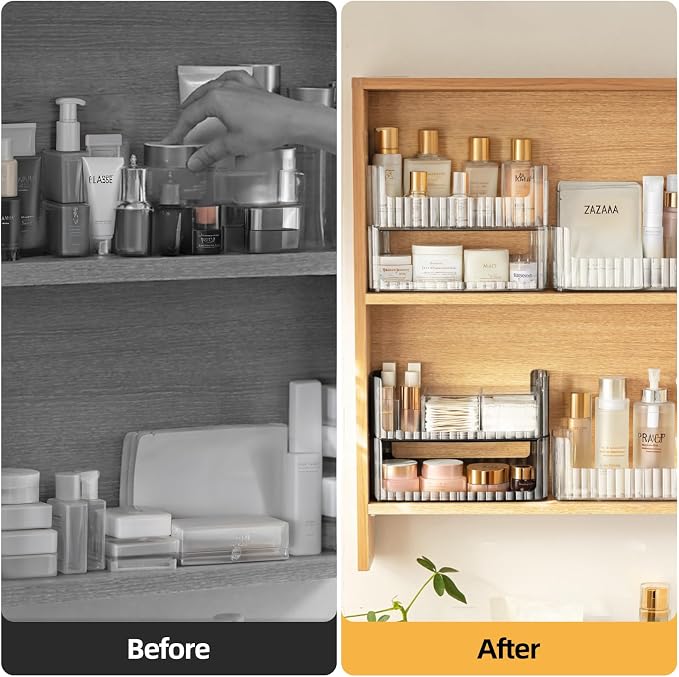PAVSTINE 2-Tier Stackable Medicine Cabinet Organizer, Narrow Bathroom Makeup Organizer with Lipstick Holders & Cotton Swab Cases, Clear Countertop Shelf for Mirror Cabinet and Vanity