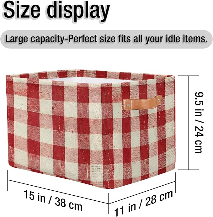 Storage Basket Classic Checkered Storage Cube Box Durable Canvas Collapsible Toy Organizer Bin with Handles for Shelf Closet Bedroom Home Office