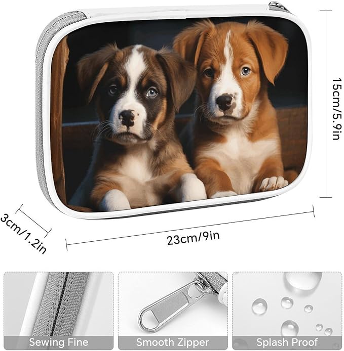 Puppies Dogs Pets Animals Multi-Functional PU Pen Case, Waterproof Zipper Stationery Organizer, Portable Storage Pouch for Office Supplies Cosmetics Travel Accessories And Daily Use