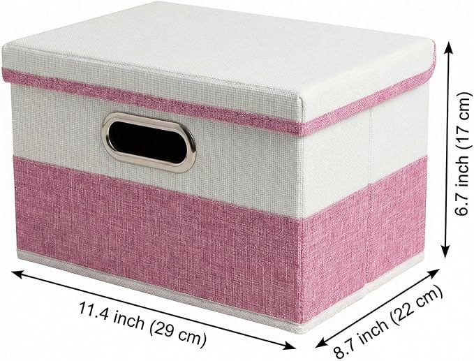 Storage Bins with Lids [3-Pack] Linen Fabric Foldable Storage Boxes Organizer Containers Baskets Cube with Cover for Bedroom Closet Office Pink&White（11.4X8.6X6.7