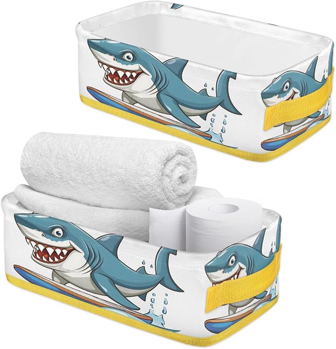 Shark Surfing Cartoon Blue Bathroom Storage Basket, Foldable with Handle Open Countertop Paper Towel Decorative Box, Toilet Tank Top Shelf Baskets for Home Closet Bedroom Living Room Office