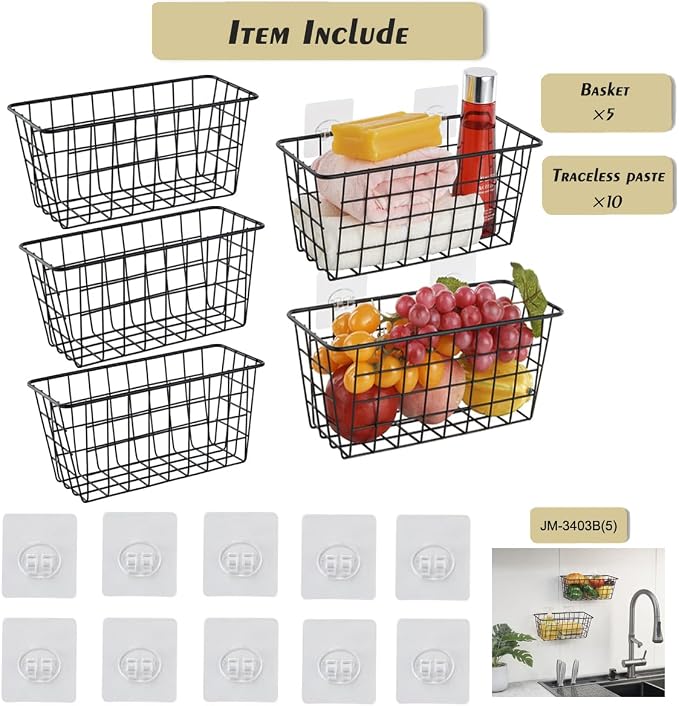 JUNCHU CHERRY 5 Pack Hanging Storage Basket, Bathroom Basket, Household Goods, with Traceless Tape, no Drilling, for Cabinet Storage, Kitchen, Bathroom, Storage Room,Black