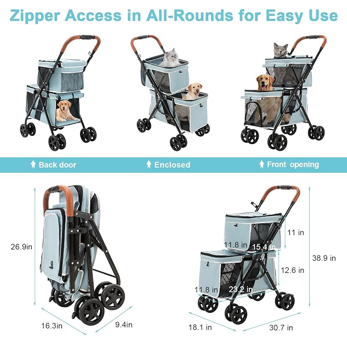 Double Pet Stroller for 2 Dogs & Cats, Double-Decker, Blue | One-Hand Fold Two-Tier Stroller with Separate Cabins, 44 lb Capacity, 4 Tethers, Locking Front Wheels and Rear Brakes