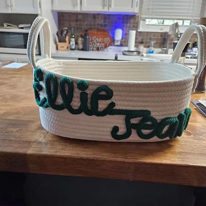 Personalized Cute Small Woven Basket with Handles, Custom Cotton Rope Room Shelf Storage Basket, Empty Decorative Gift Basket, Decorative Round Bin for Nursery Bedroom Bathroom (Style D)