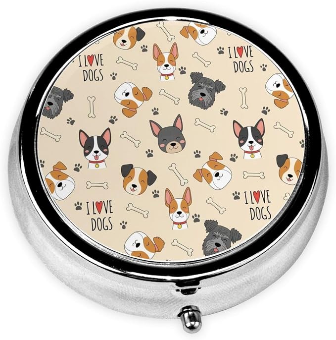 Compact Pill Case, Metal Round Holder for Supplements, Purse Pocket Organizer Travel Essential, Cute Doodle Pets Dog Light Yellow