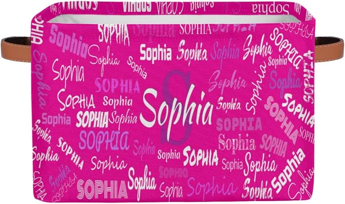 Personalized Name Storage Basket with Handles, Canvas Storage Bins Toys Clothes Organizer for Bedroom, Kitchen, Bathroom, Nursery, Shelves, Closets, Deep Pink Background
