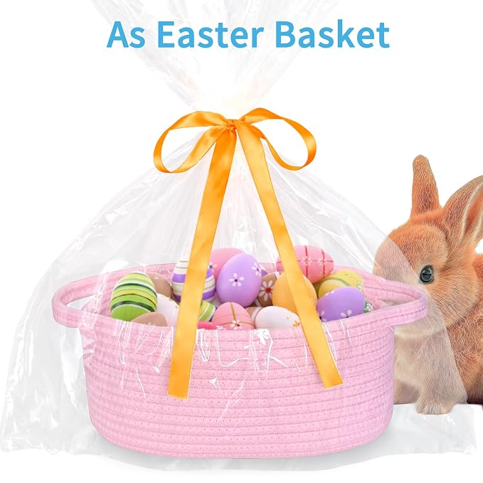 ABenkle Small Woven Easter Basket with Handle, 12x8x5 inches, Durable Storage Basket, Gift Wrap Ready with Ribbon