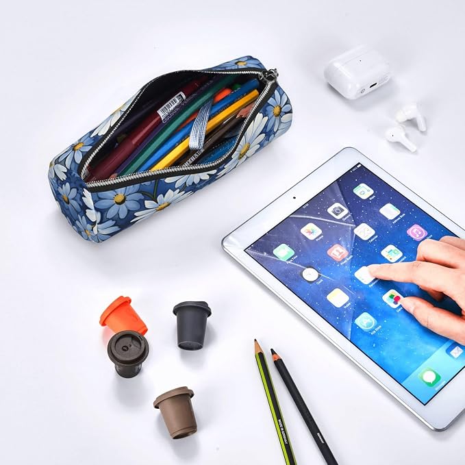 OSAM SPACE Leather Pencil Case Round Pencil Bag Daisy Blue Pen Organizer Holder Portable Zipper Pouch Cute School Supplies for Girls Boys Study Office