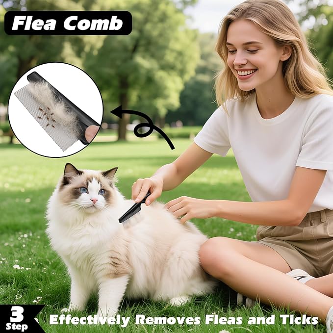 3PCS Self Cleaning Slicker Brush & Pet Grooming Rake & Flea Comb for Dogs,Cats and Horses | Double-Sided Dematting Comb & Skin Friendly Deshedding Grooming Tool (Red)