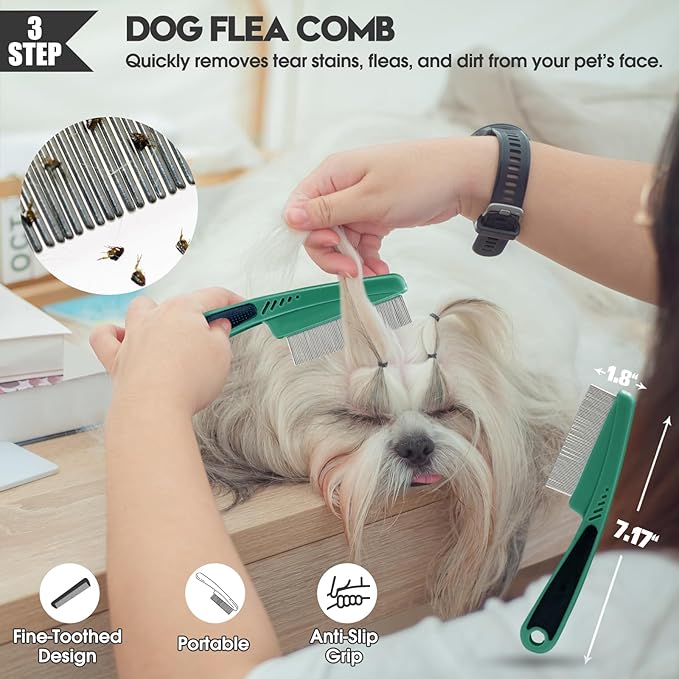 Bonteck Dog Slicker Brush for Dogs Grooming Kit 4PCS | Large Dog Brush for Goldendoodles Poodles Doodles | Long Pin Haired Brush | Poodle Brushes and Comb (Green)
