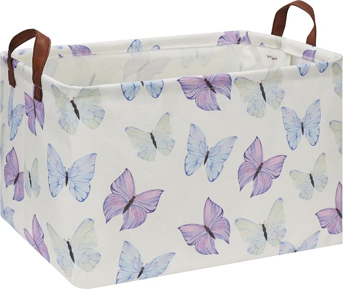 Rectangle Storage Basket with Handles, Collapsible Storage Bin, Books Box,Gift Basket(Blue & Purple Butterfly)