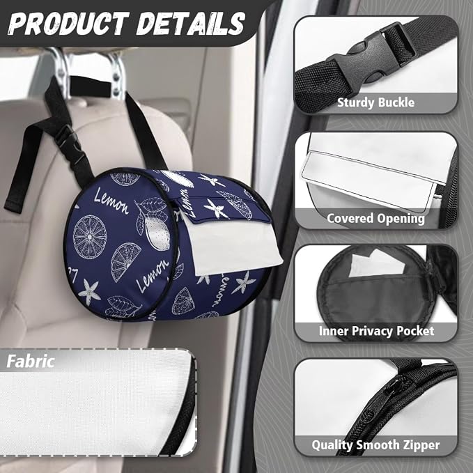 Lemon Paper Towel Holder Water Resistant Tissue Dispenser with Adjustable Strap, Collapsible Zippered Cylinder Hanging Toilet Paper Roll Holder