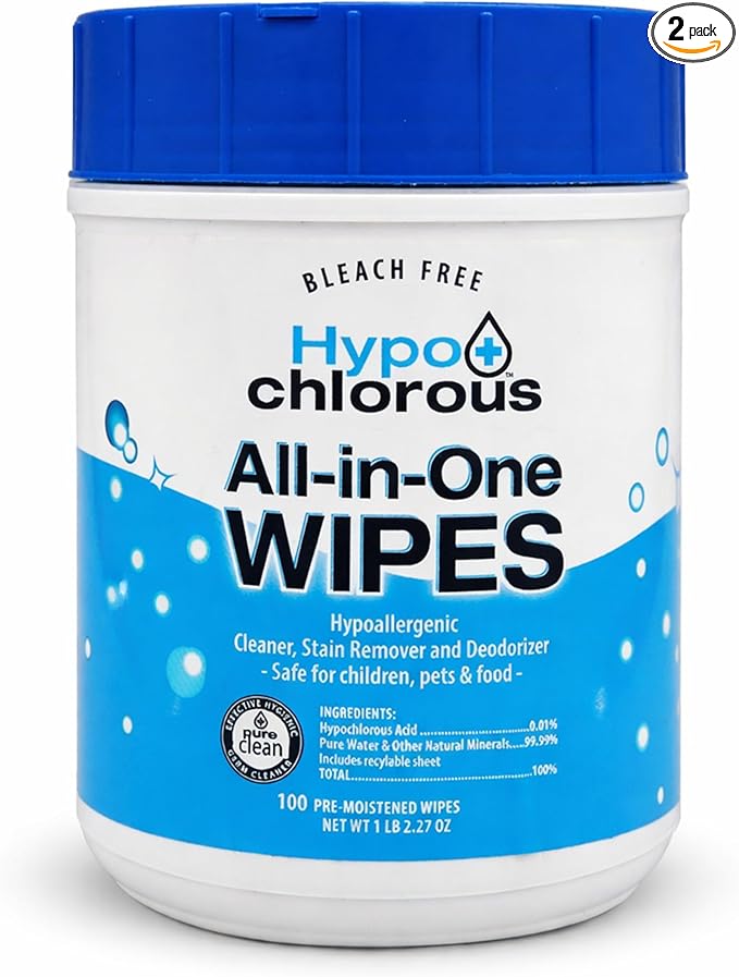Hypochlorous Acid Wipes (2-Pack) – 200 Count Non-Toxic Cleaner for Skin, Baby, Pet, Home & Gym – Bleach-Free