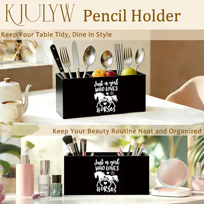 Black and White Horse Pen Holder for Desk, Horse Gifts for Women, Just a Girl Who Loves Horses Wooden Box Pencil Pen Holder Organizer for Home Office Desk Accessories