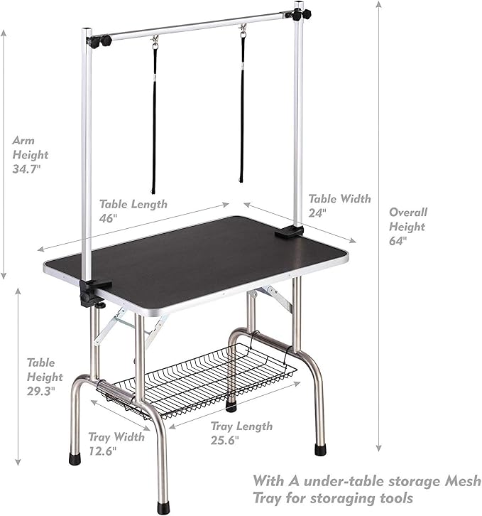 Pet Dog Grooming Table, Adjustable Large Heavy Duty Professional Foldable Trimming Stage with Arms, Noose, Mesh Tray, Maximum Capacity Up to 330LBS, 46''/Black