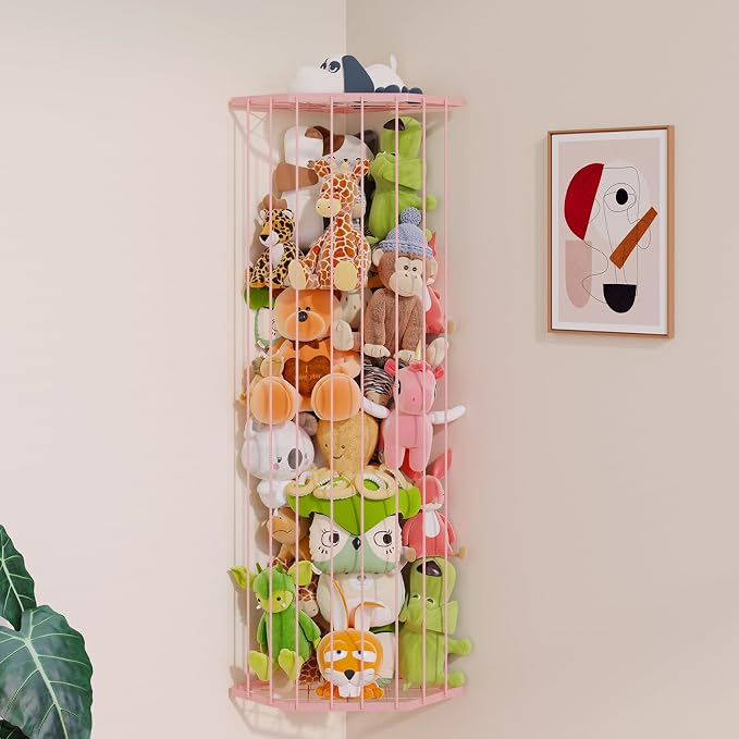BBLlKE Stuffed Animal Storage Zoo - Corner Plush Toy Organizer Length Adjustable, Wall Hanging Stuffed Animal Net Holder for Nursery Playroom Bedroom Kids Room, Pink