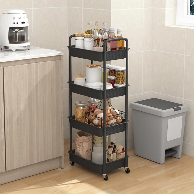 MOYIPIN 4-Tier Plastic Rolling Utility Cart with Handle, Black | Utility Storage Cart for Office, Living Room, Kitchen,Movable Storage Organizer，Easy installation，Rattan-like art design