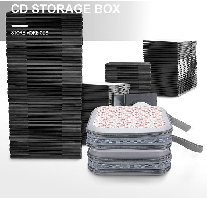 Portable CD/DVD Holder Pink Flowers Rose Floral, 40-Capacity Hard Case with Zipper, Protective Storage Binder for Music Movies Game Discs